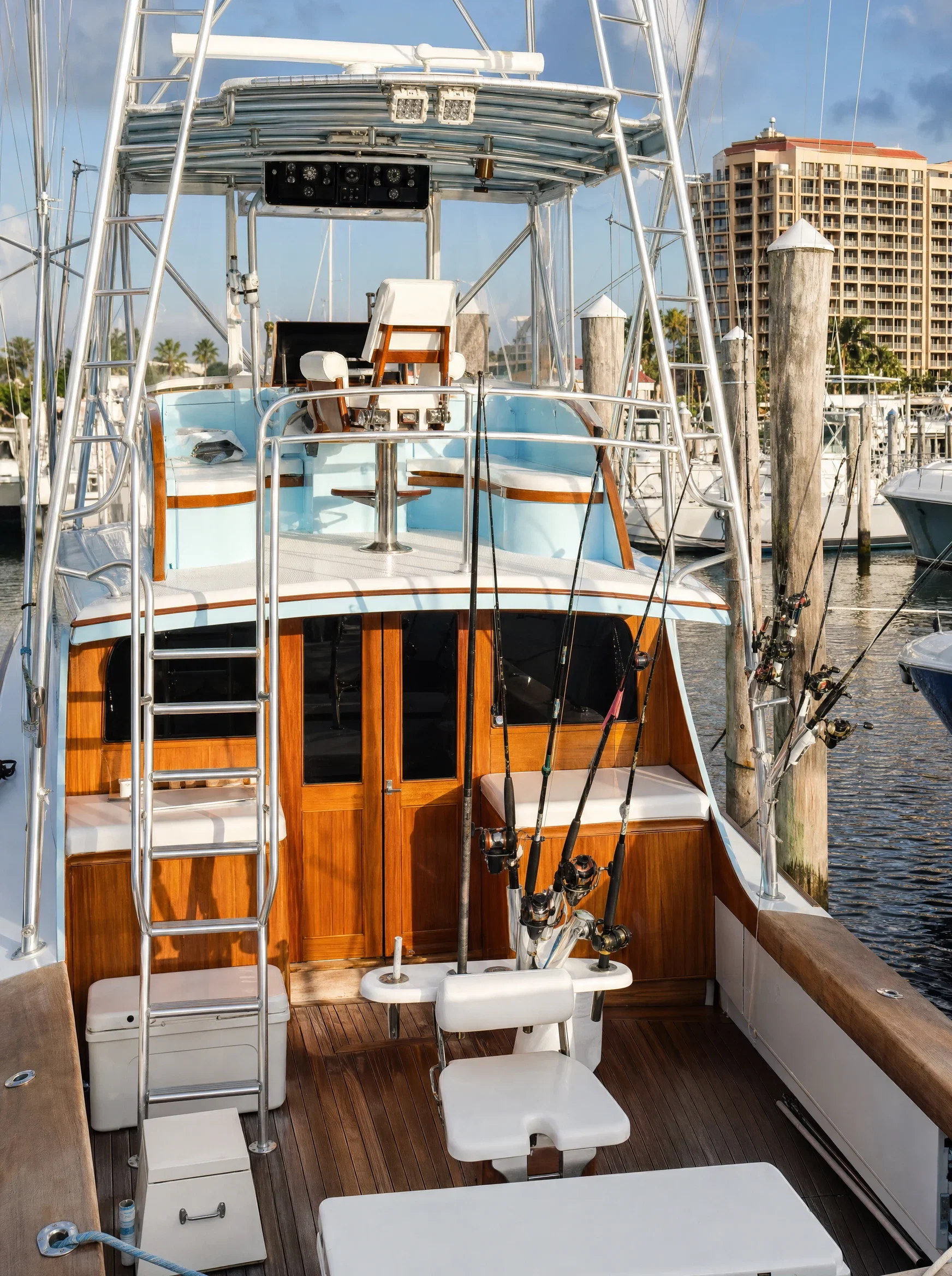 The Just Cuz teak cockpit, fighting chair, and cabin entrance